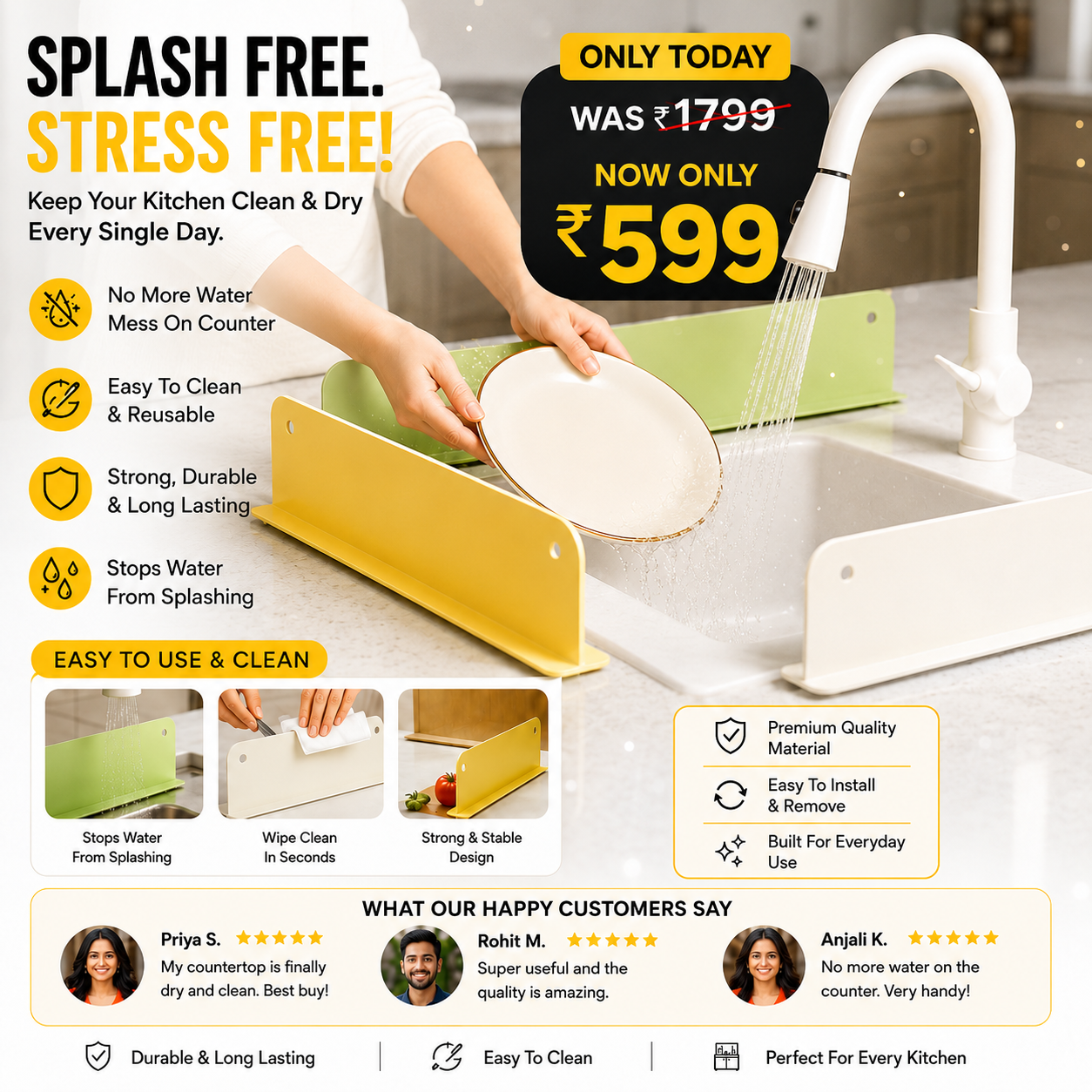 Kitchen Sink Splash Guard – Stops Water Splashes & Mess | Buy 1 Get 1 FREE