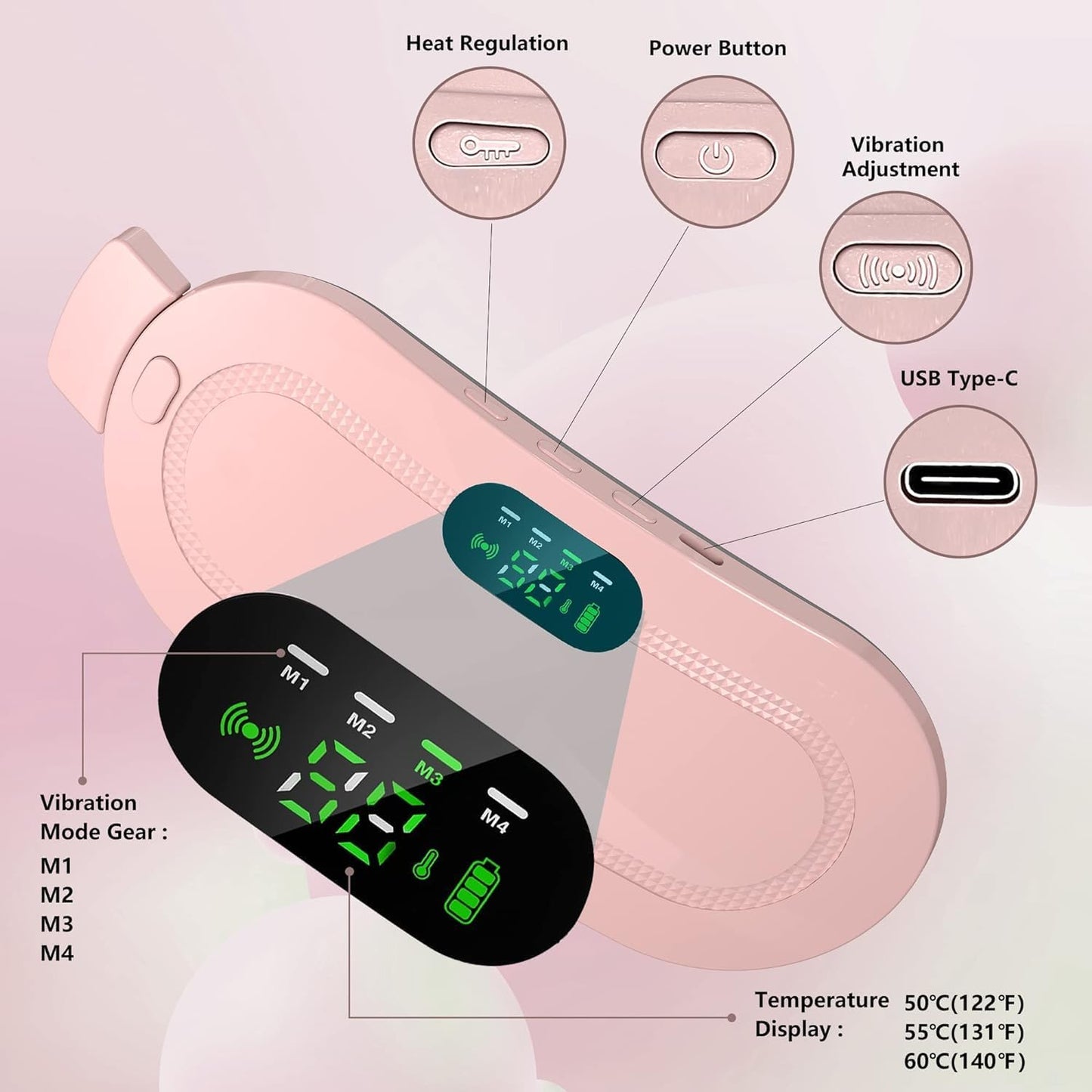 Portable Cordless Period Cramp Massager & Heating Pad – 3-Temperature, 4-Massage Modes, Fast Heating Menstrual Pain Relief Device