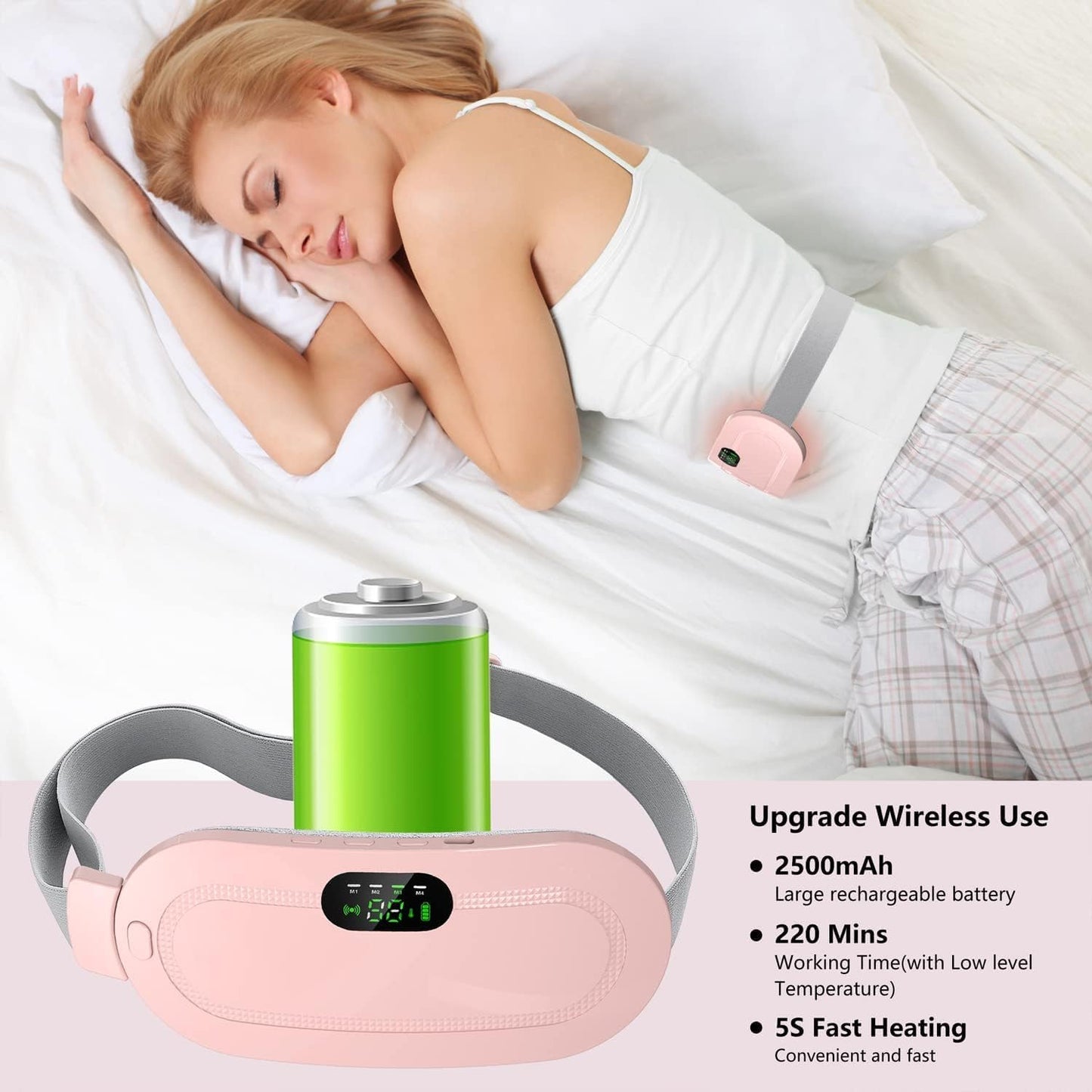 Portable Cordless Period Cramp Massager & Heating Pad – 3-Temperature, 4-Massage Modes, Fast Heating Menstrual Pain Relief Device