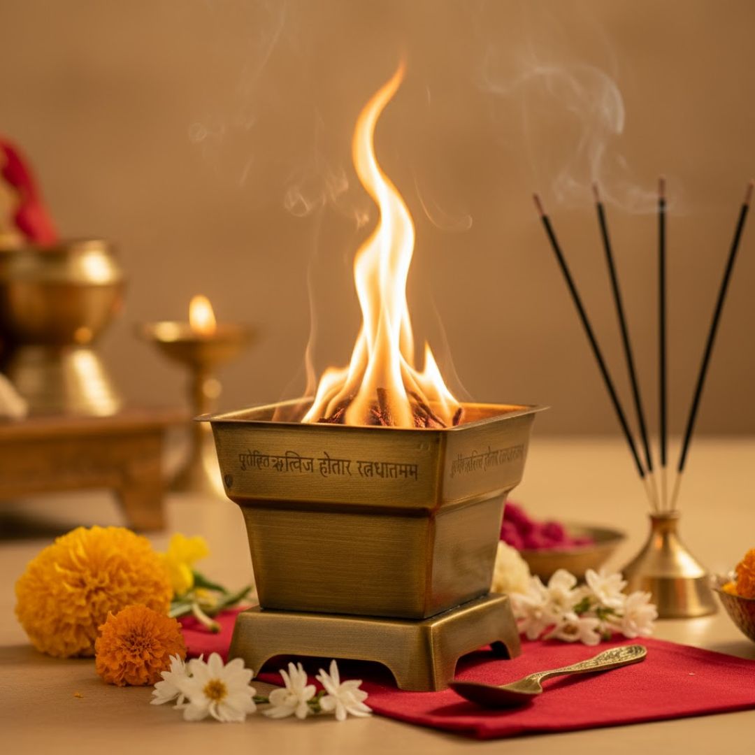 Brass Hawan Kund with Spoon for Vedic Rituals at Home